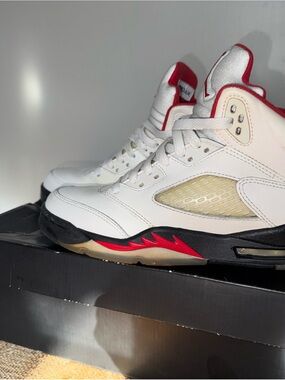 Women’s 7.5/Mens 6 Jordan 5 Retro High-Top Sneakers in White, Red, Black